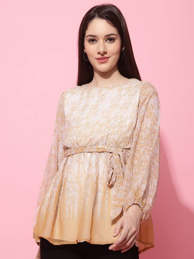 Jakanary Casual Balloon Sleeve Printed Women Beige Top