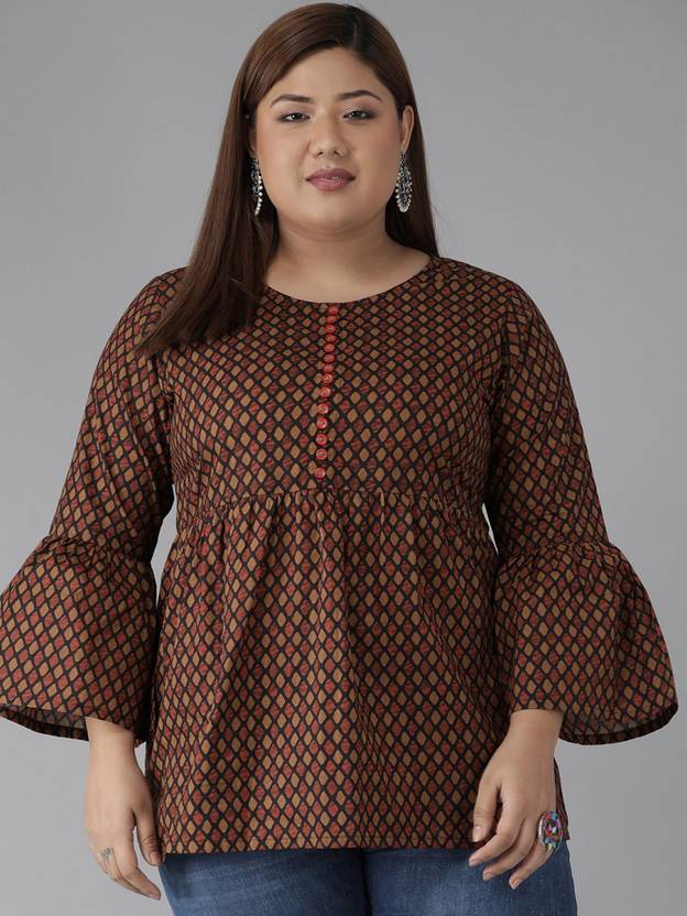 Adhisa Party Flared Sleeves Geometric Print Women Black, Red Top