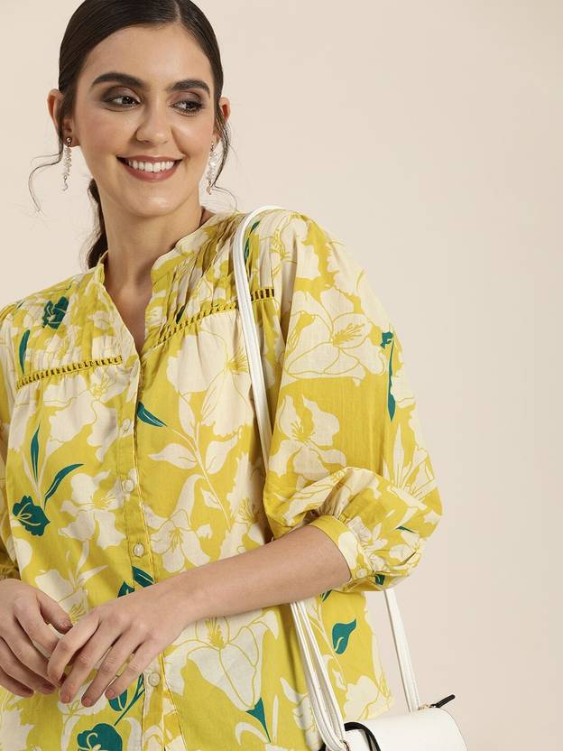 RIJHARI Women Regular Fit Printed Mandarin Collar Casual Shirt