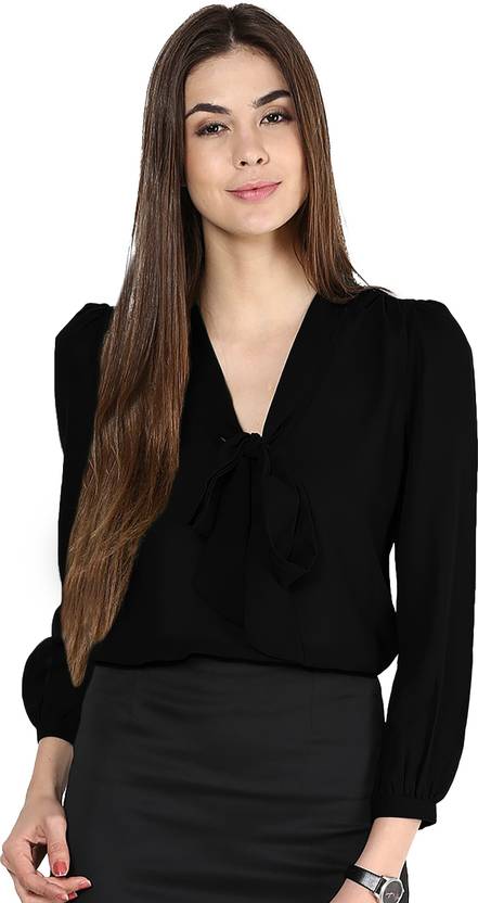 oriexfabb Casual Bishop Sleeve Solid Women Black Top