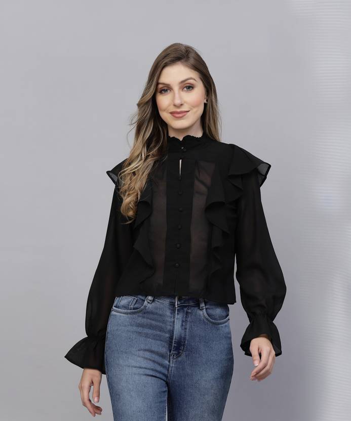 AAYU Casual Bell Sleeves Self Design Women Black Top