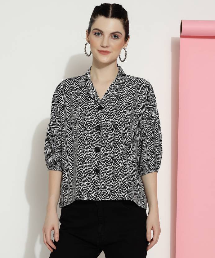 Bollyqueen Casual Bishop Sleeve Printed Women Black Top