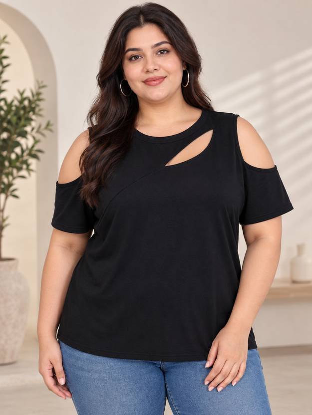 Curvy CLOSET Casual Raglan Sleeves Solid Women Black Top