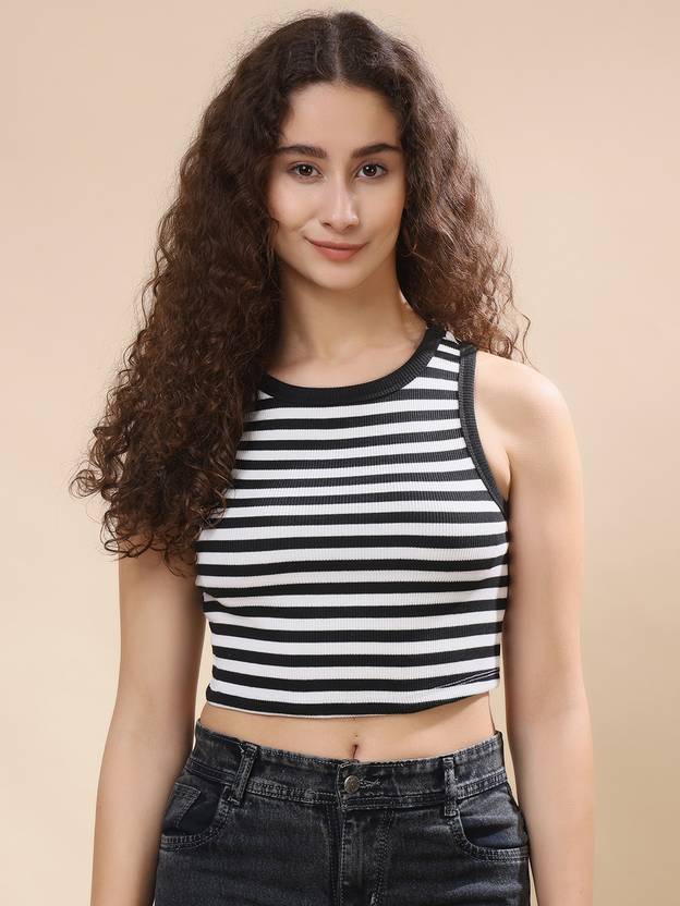 CORSICA Casual Sleeveless Striped Women Black, White Top