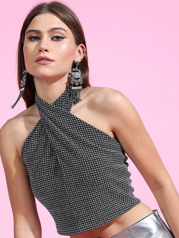 Tokyo Talkies Casual Sleeveless Printed Women Black Top