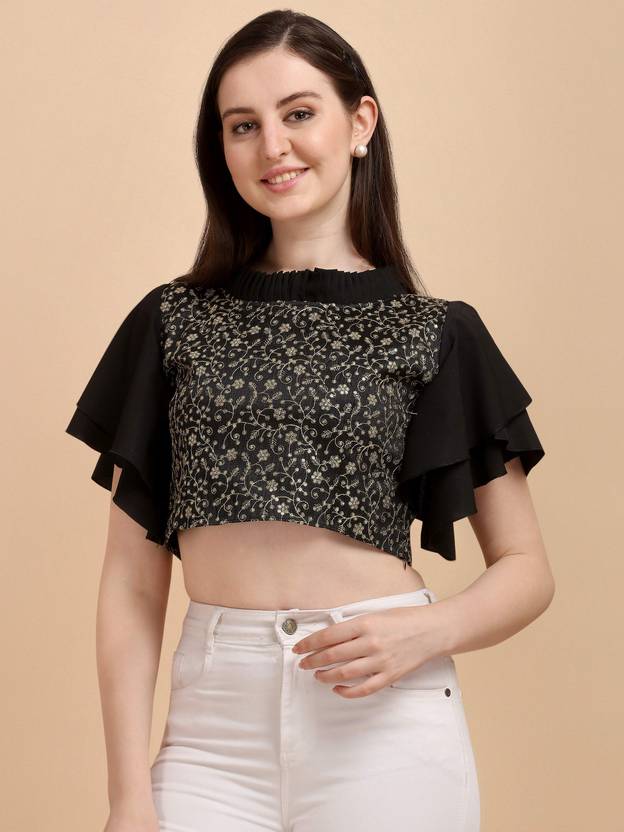 Party Flutter Sleeves Embroidered Women Black, Gold Top
