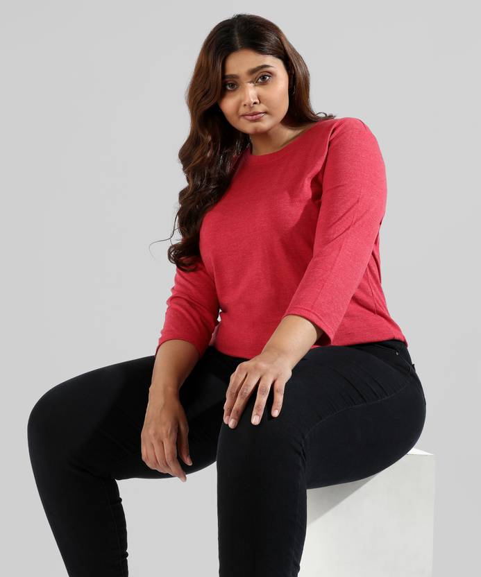Instafab Plus Women Solid Hooded Neck Cotton Blend Maroon T-Shirt