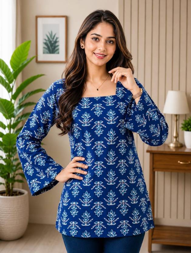 PurvajaFab Casual Regular Sleeves Printed Women Blue Top