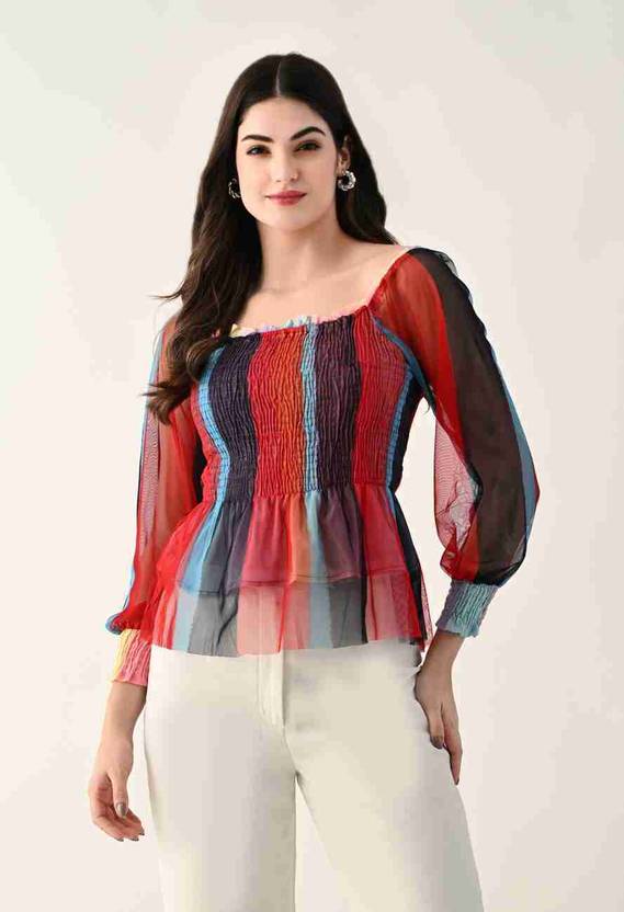 AllenQueen Casual Balloon Sleeve Striped, Self Design Women Multicolor Top