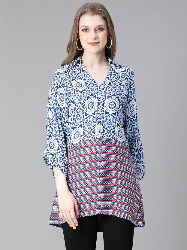 OXOLLOXO Casual Regular Sleeves Printed Women Blue Top