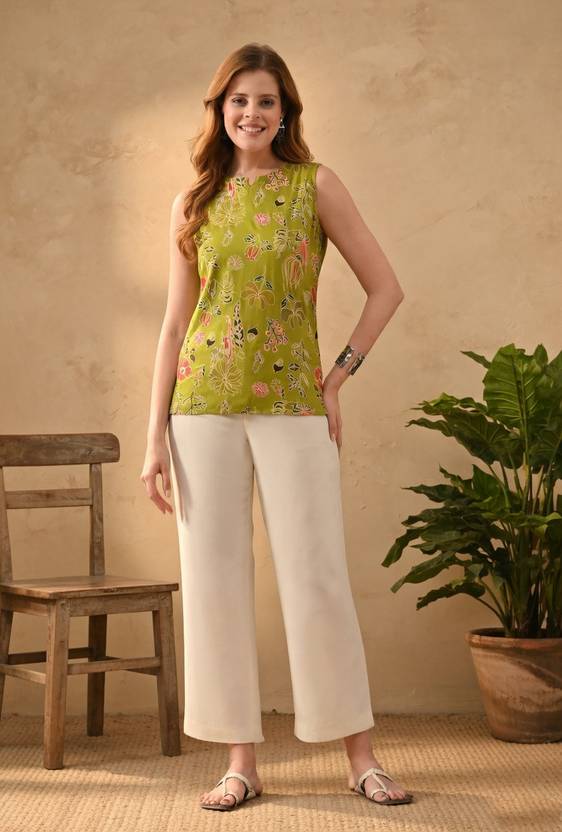 Sangria FUZN Casual Sleeveless Printed Women Green Top