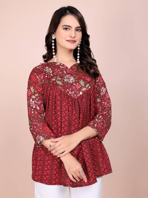 Diamoon Formal Floral Print Women Red Top