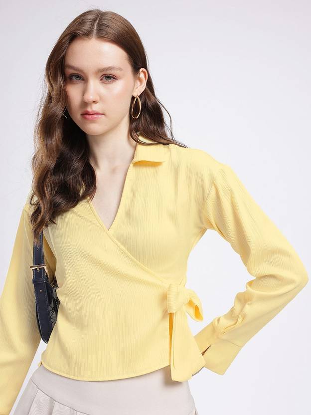Glitchez Casual Regular Sleeves Solid Women Yellow Top