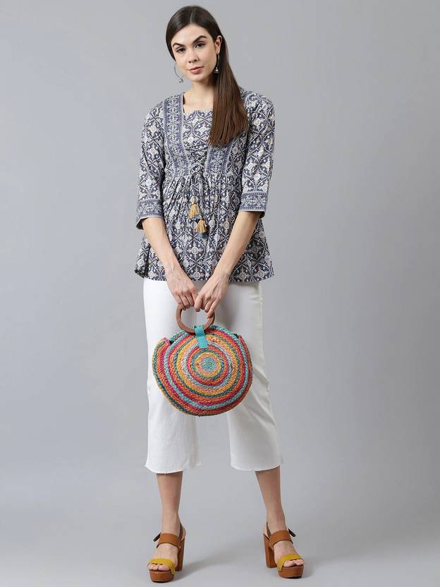 Casual Regular Sleeves Printed Women Dark Blue Top