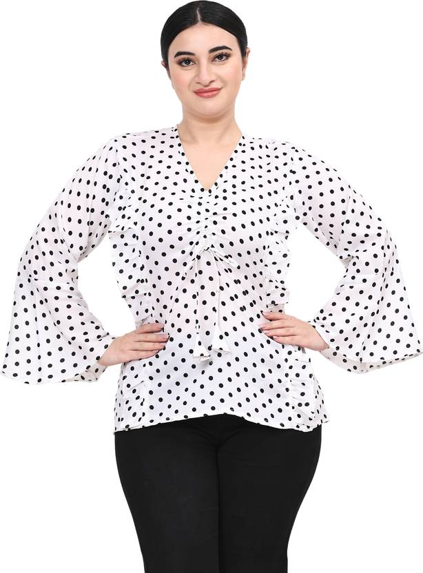 Kalakaari Casual Bell Sleeves Polka Print Women White, Black Top