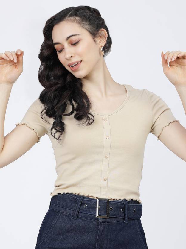 Tokyo Talkies Casual Regular Sleeves Solid Women Beige Top