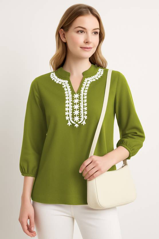 BlueKart Casual Embroidered, Embellished Women Light Green Top