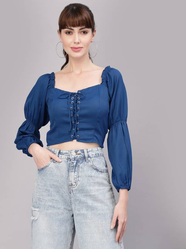 AAYU Casual Puff Sleeves Solid Women Blue Top
