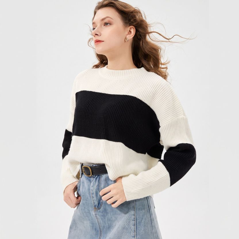 Aryan Women Black, White Dolman Sleeve Top - Image 1