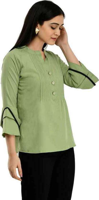 Diamoon Casual Solid Women Light Green Top