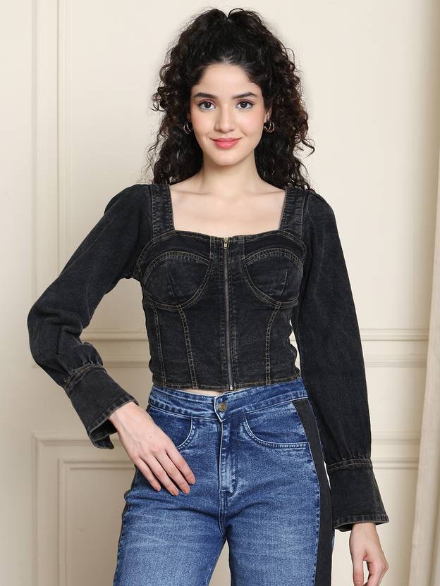 Puella Casual Puff Sleeves Solid Women Black Top
