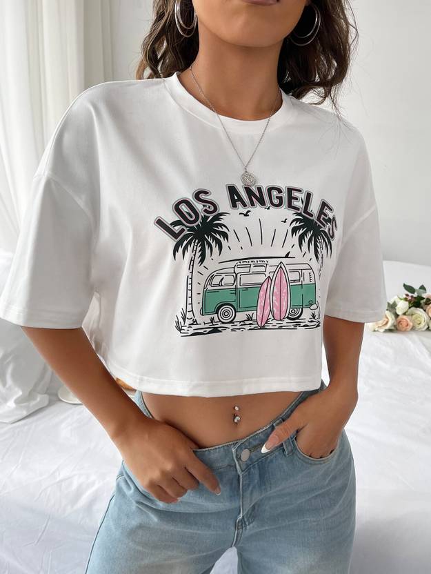 Aahwan Women Solid, Printed Round Neck Cotton Blend White T-Shirt