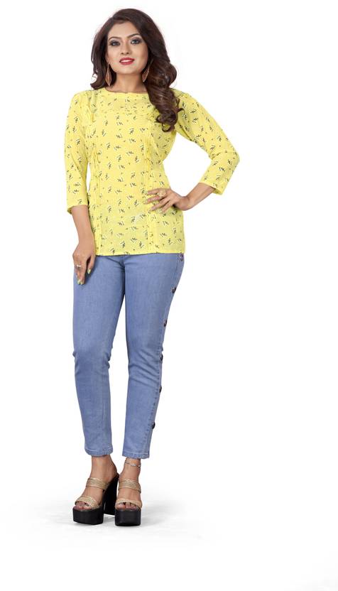 Diamoon Casual Printed Women Yellow, Black Top