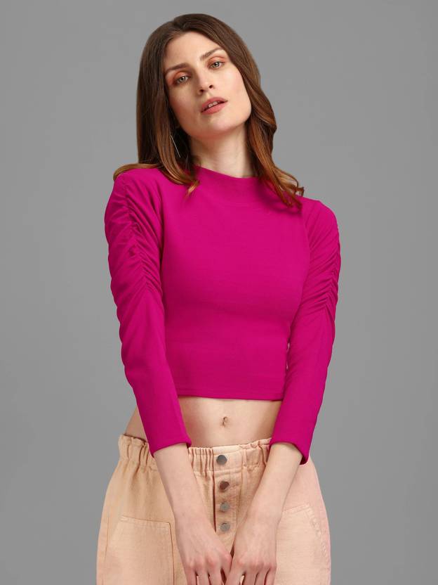 PURVAJA Casual Ruffled Sleeves Solid Women Pink Top