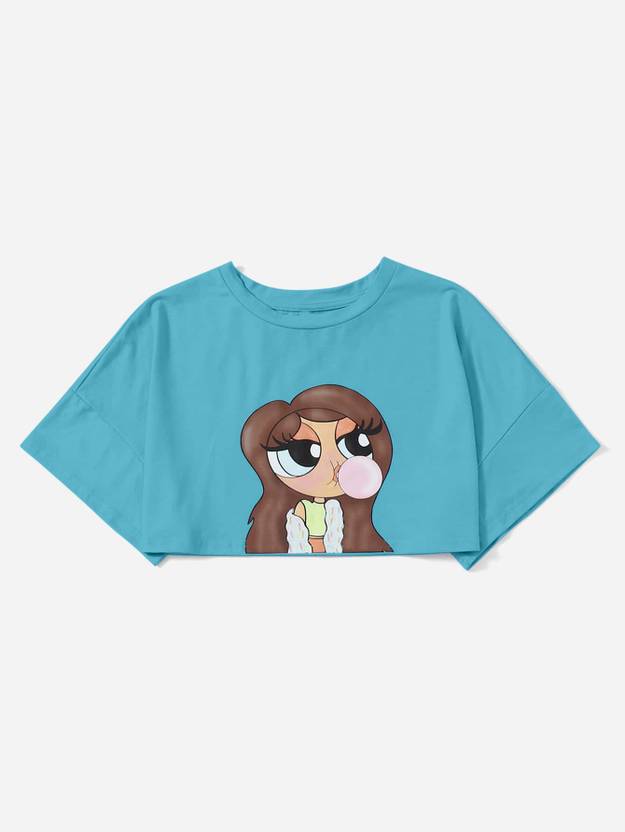 Aahwan Women Printed Round Neck Cotton Blend Light Blue T-Shirt