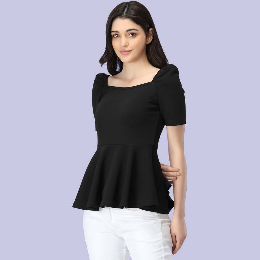Casual Puff Sleeves Solid Women Black Top
