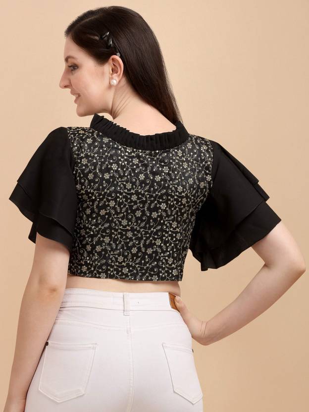 Party Flutter Sleeves Embroidered Women Black, Gold Top