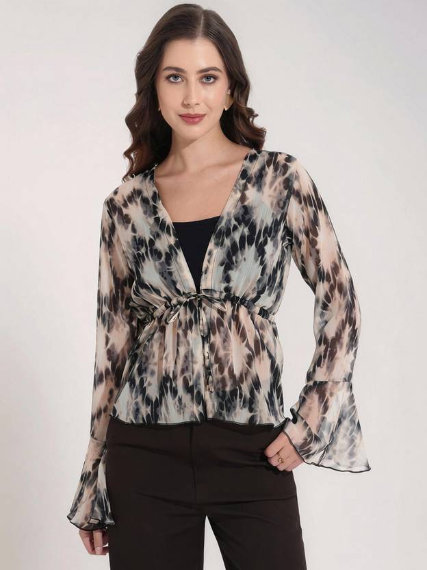Dressberry Casual 3/4 Sleeve Printed Women Black Top