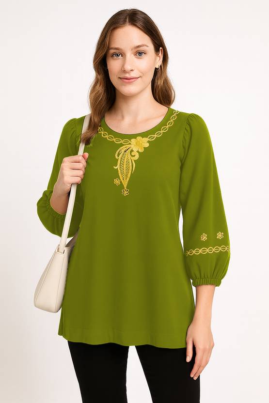 BlueKart Casual Embroidered, Embellished Women Light Green Top