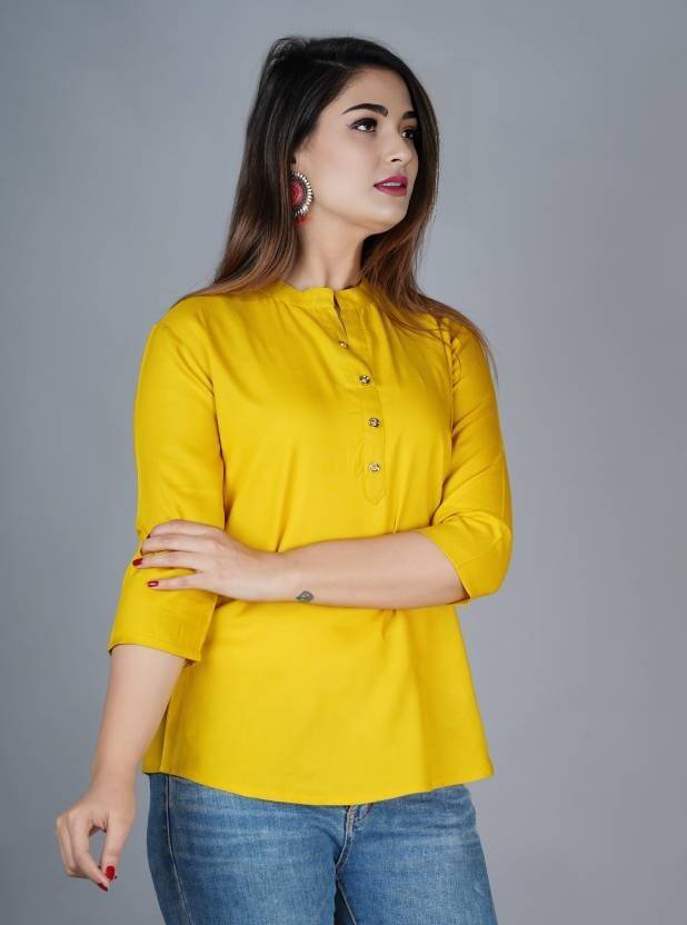 Moda Casa Casual Regular Sleeves Self Design Women Yellow Top
