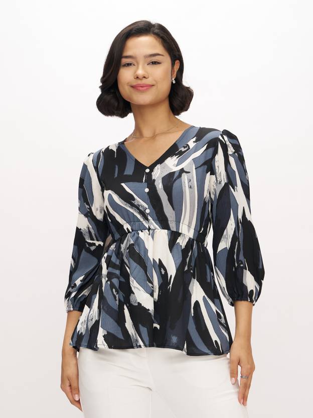 Dressberry Party Puff Sleeves Floral Print, Printed Women Black Top