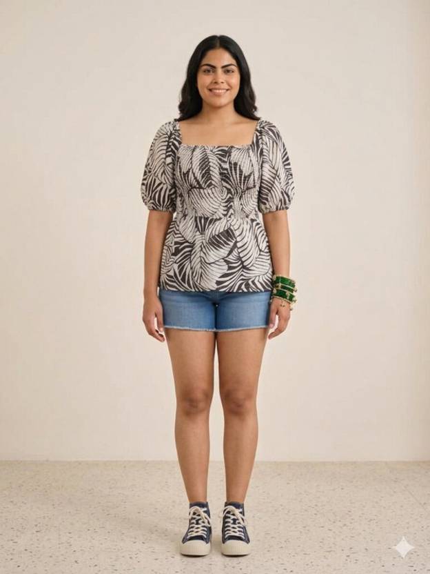 RANGRIWAZ Casual Puff Sleeves Printed Women White Top