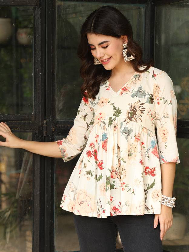 Nishabd Casual Printed, Floral Print Women White Top