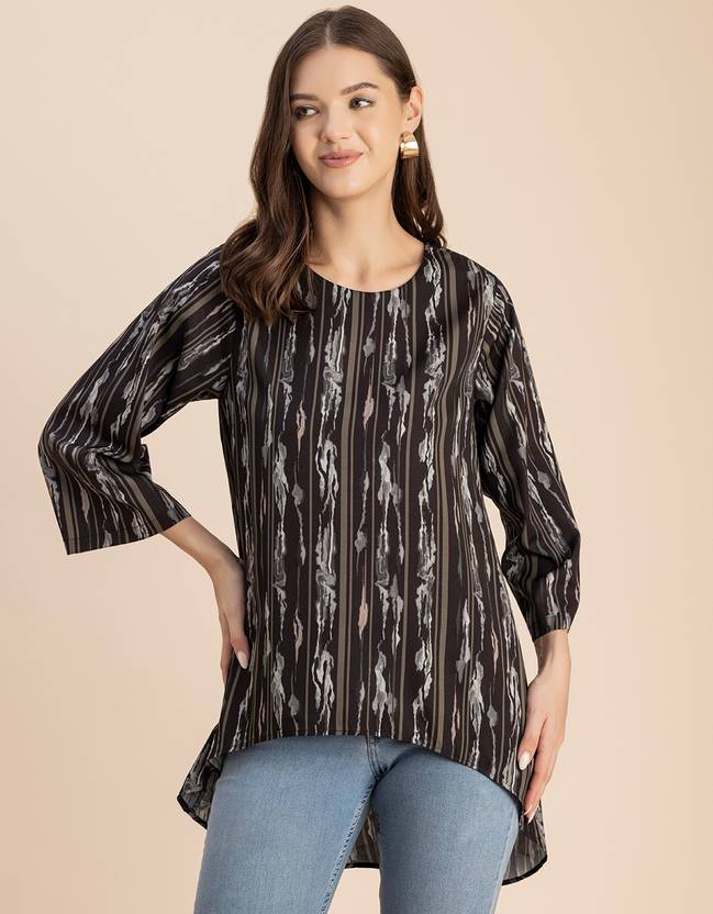 moomaya Casual Regular Sleeves Printed Women Brown, Grey, Beige Top