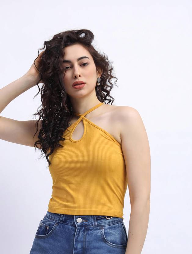 Tokyo Talkies Casual Sleeveless Solid Women Yellow Top