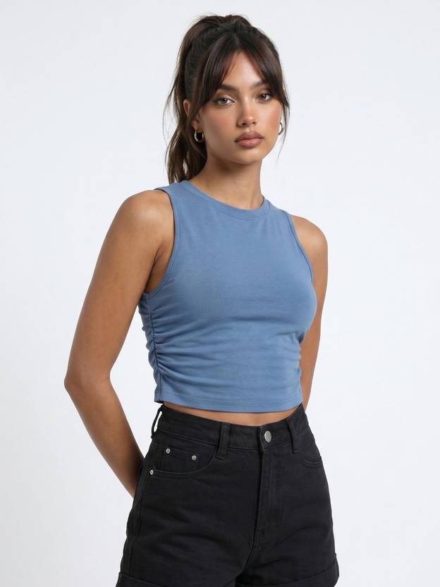 Glitchez Casual Sleeveless Animal Print Women Blue Top