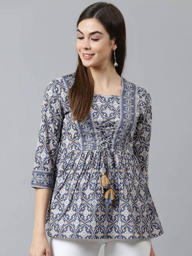 Casual Regular Sleeves Printed Women Dark Blue Top