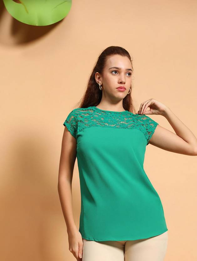 OXOLLOXO Casual Regular Sleeves Solid, Lace Women Green Top
