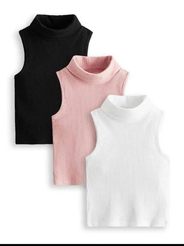RKK COLLECTIONS Pack of 3 Casual Sleeveless Solid Women Black, Pink, White Top