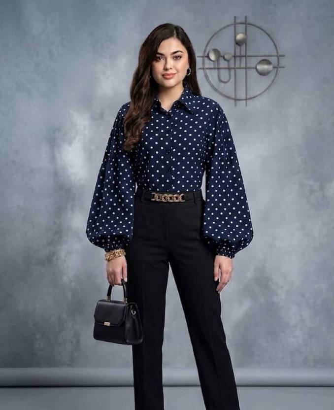 Kalakaari Casual Balloon Sleeve Polka Print, Printed Women Blue, White Top