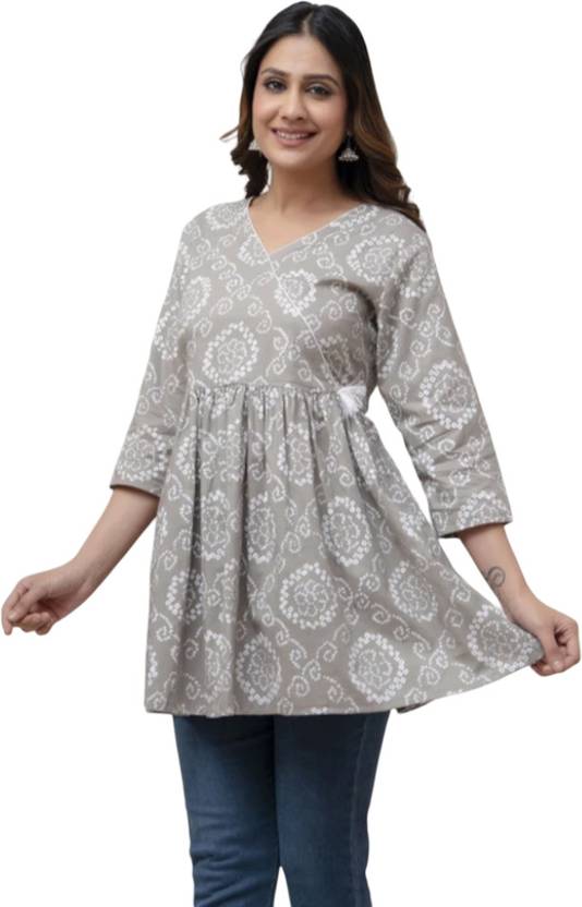 ROOPMYTRA Casual Regular Sleeves Floral Print Women Grey Top
