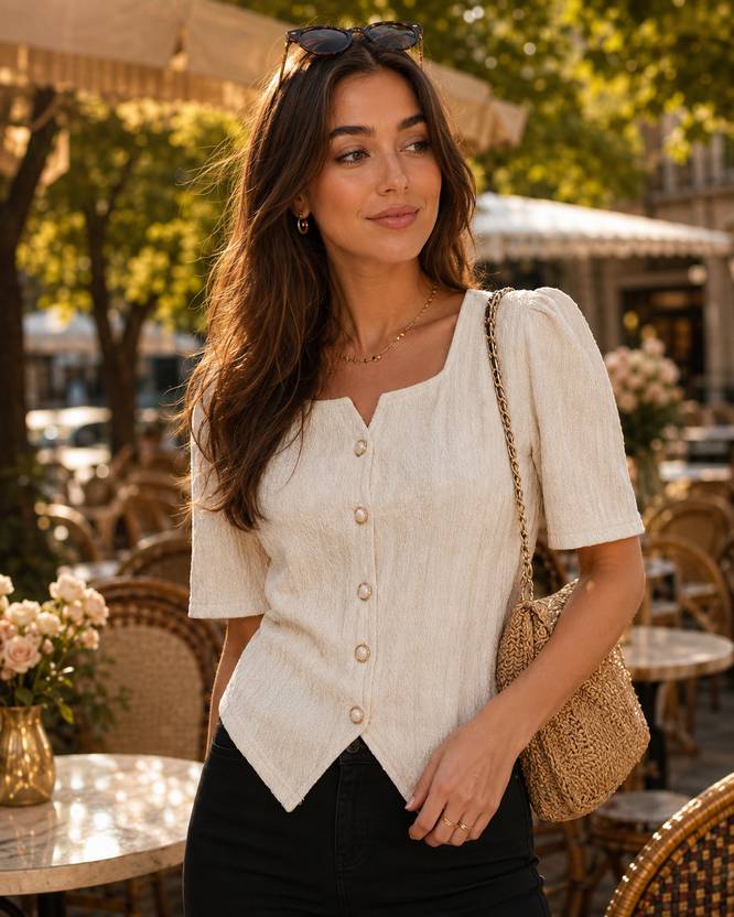 Driploom Casual Solid Women Beige Top