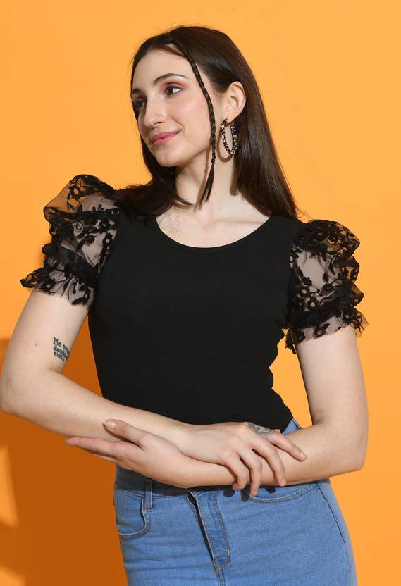 Moshe Casual Puff Sleeves Self Design Women Black Top