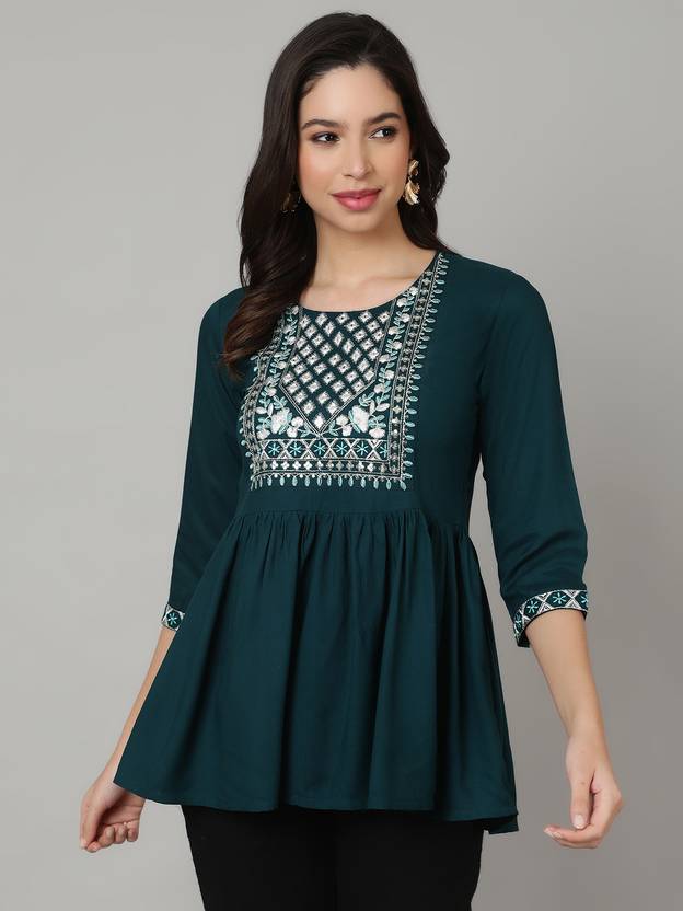 Nishabd Casual Embroidered Women Dark Blue Top