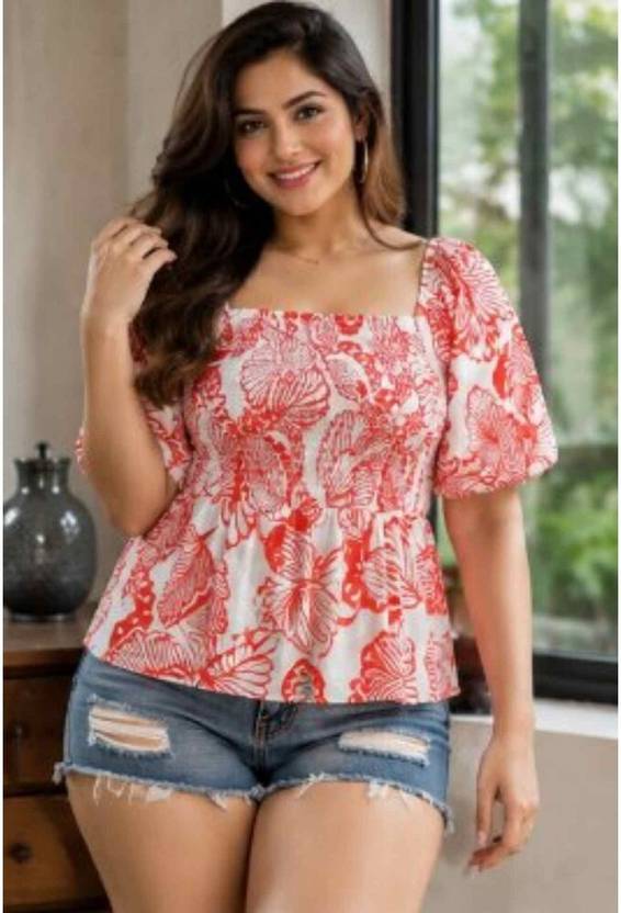 RANGRIWAZ Casual Puff Sleeves Geometric Print Women Orange Top