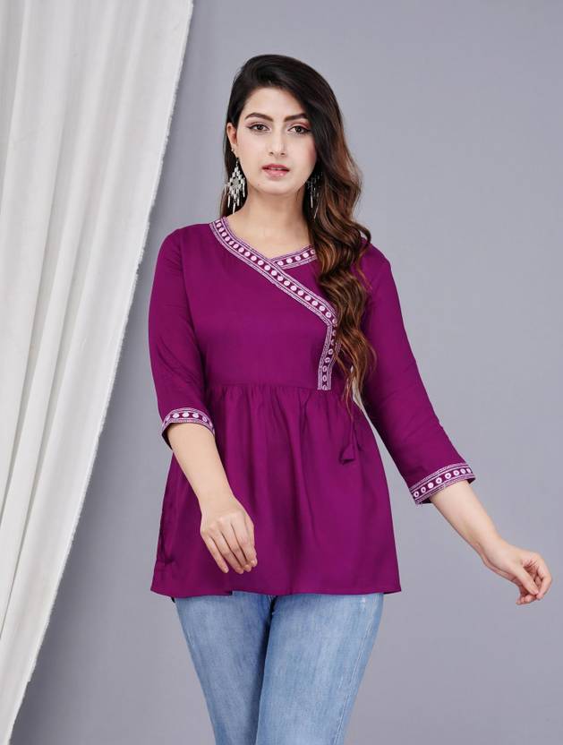 Brijam Casual Regular Sleeves Embroidered Women Purple, White Top